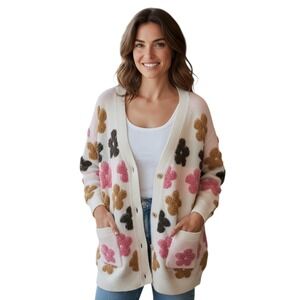 BiB! Women's Knit Cardigan White Pink Floral Applique Long Sleeve Pockets Size L